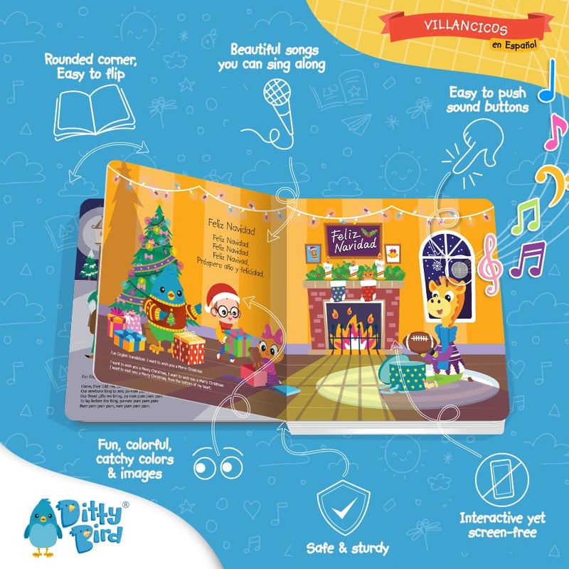 ديتي بيرد Ditty Bird Spanish Christmas Book for Toddlers - كتاب صوتي تفاعلي ثنائي اللغة مع أجراس Jingle وأغاني العطلات للأطفال 1-3 | لعبة أطفال قوية ولعب موسيقى الكريسماس - Image 3