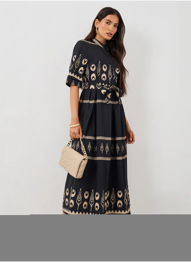 Styli Styli Printed Short Sleeves A-Line Midi Dress