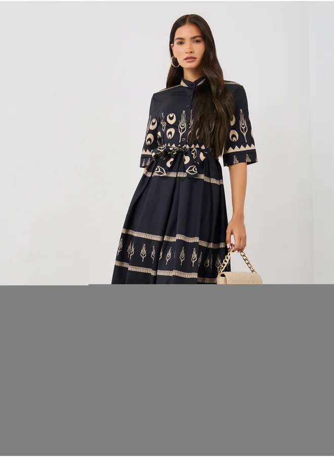 Styli Styli Printed Short Sleeves A-Line Midi Dress