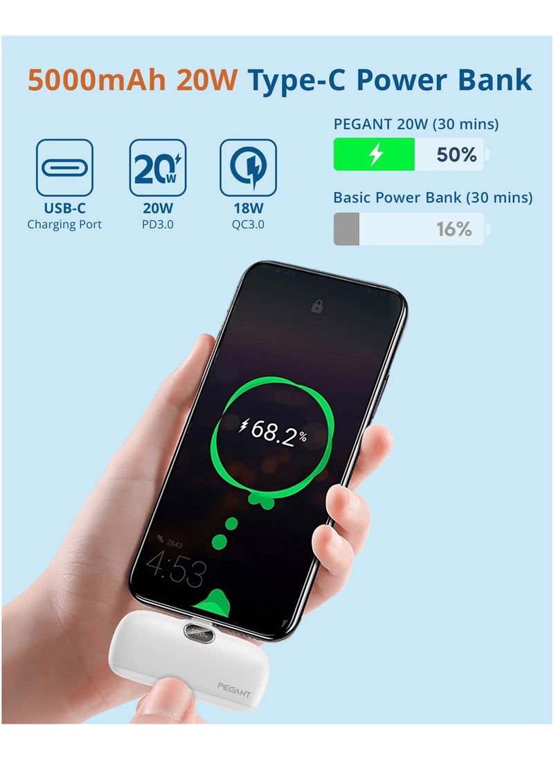 PEGANT - 5000mAh Mini Power Bank 20W USB C with PD3.0 & QC3.0 Fast Charging, Compact and Portable Charger Small Type C External Powerbank Battery, Compatible with Android Smartphones, Tablets (White) - Image 1