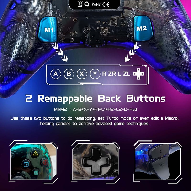 جوسو وحدة تحكم ألعاب لاسلكية من جوسو لأجهزة PS4 وPS5 وPS3 وiPhone وأندرويد وNintendo Switch والكمبيوتر الشخصي، مقبض ألعاب شفاف مع إضاءة LED بـ7 ألوان/أزرار خلفية/وضع توربو/6 محاور/وظيفة الاستيقاظ، مع حامل هاتف - Image 4