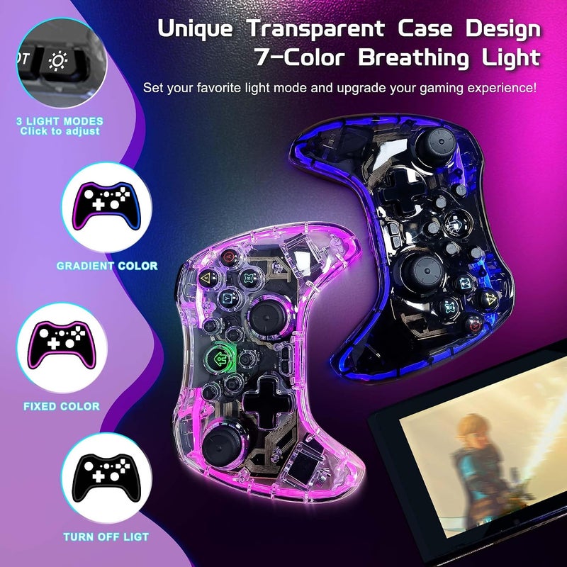 جوسو وحدة تحكم ألعاب لاسلكية من جوسو لأجهزة PS4 وPS5 وPS3 وiPhone وأندرويد وNintendo Switch والكمبيوتر الشخصي، مقبض ألعاب شفاف مع إضاءة LED بـ7 ألوان/أزرار خلفية/وضع توربو/6 محاور/وظيفة الاستيقاظ، مع حامل هاتف - Image 3