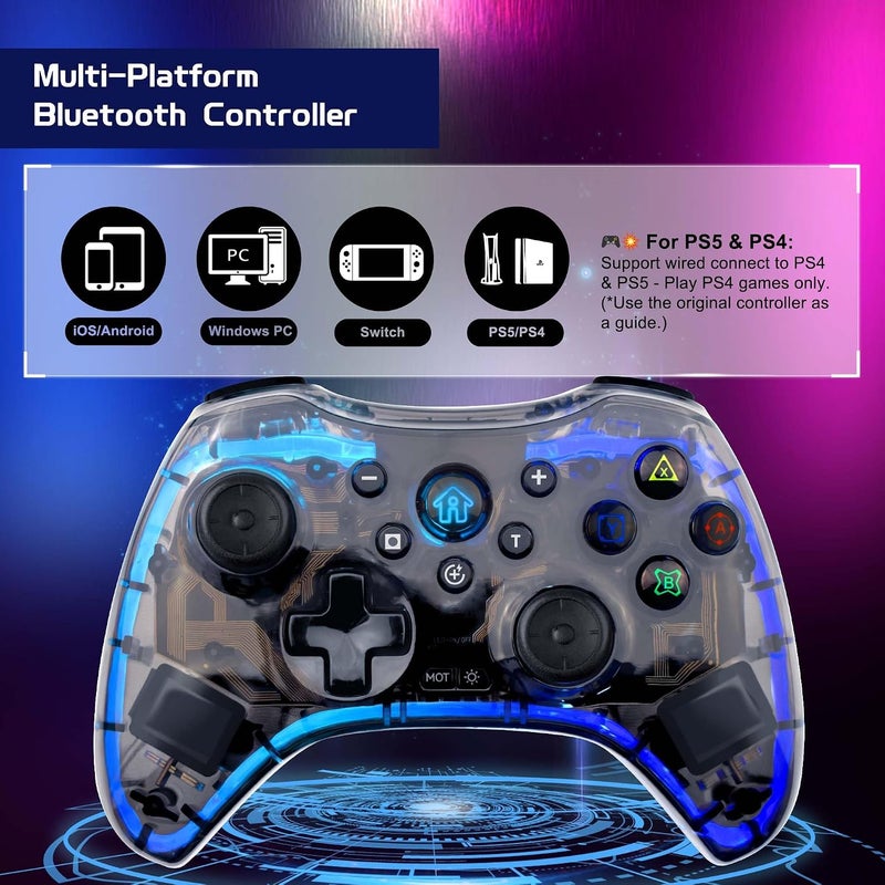 جوسو وحدة تحكم ألعاب لاسلكية من جوسو لأجهزة PS4 وPS5 وPS3 وiPhone وأندرويد وNintendo Switch والكمبيوتر الشخصي، مقبض ألعاب شفاف مع إضاءة LED بـ7 ألوان/أزرار خلفية/وضع توربو/6 محاور/وظيفة الاستيقاظ، مع حامل هاتف - Image 2
