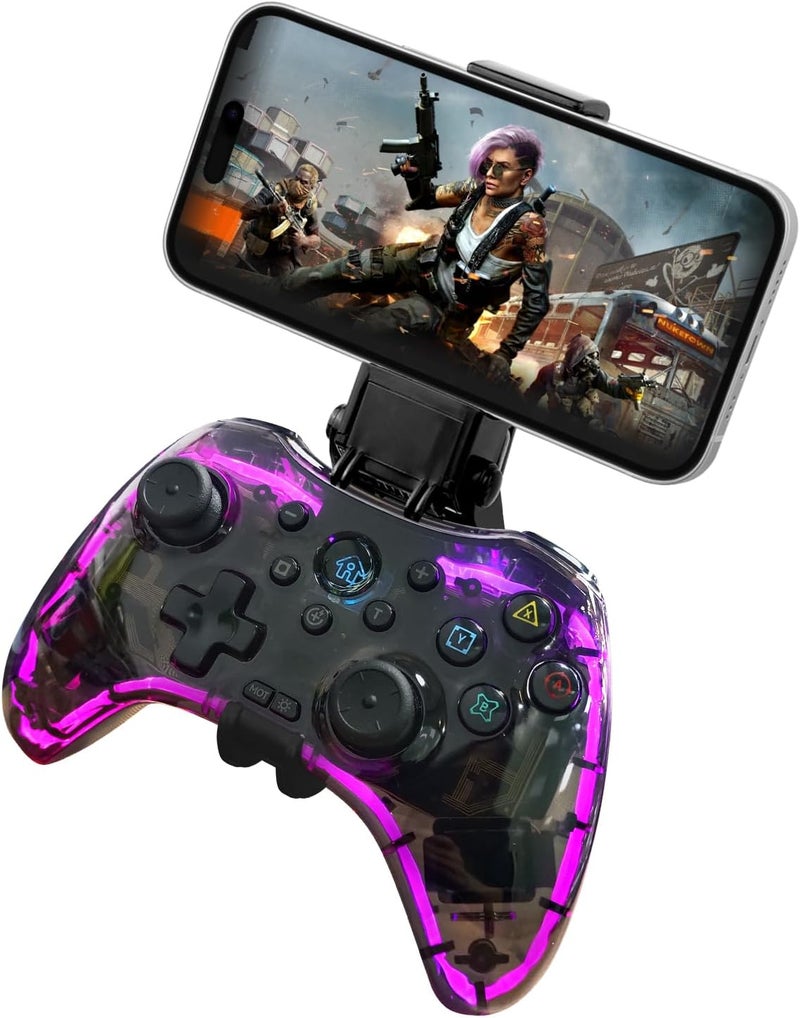 جوسو وحدة تحكم ألعاب لاسلكية من جوسو لأجهزة PS4 وPS5 وPS3 وiPhone وأندرويد وNintendo Switch والكمبيوتر الشخصي، مقبض ألعاب شفاف مع إضاءة LED بـ7 ألوان/أزرار خلفية/وضع توربو/6 محاور/وظيفة الاستيقاظ، مع حامل هاتف - Image 1