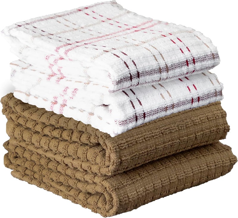Ritz Royale Collection 100% Combed Terry Cotton, Highly Absorbent, Kitchen Dish Cloth Set, 13-3/4" x 12", 4-Pack, Solid & Checked, Mocha - Image 1