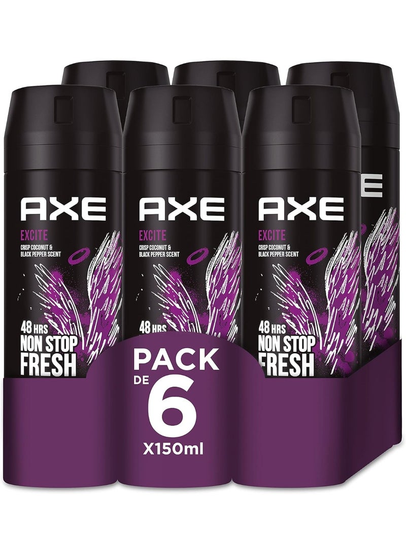 Axe Bodyspray Excite Men's Deodorant Spray 150ml (Pack of 6)