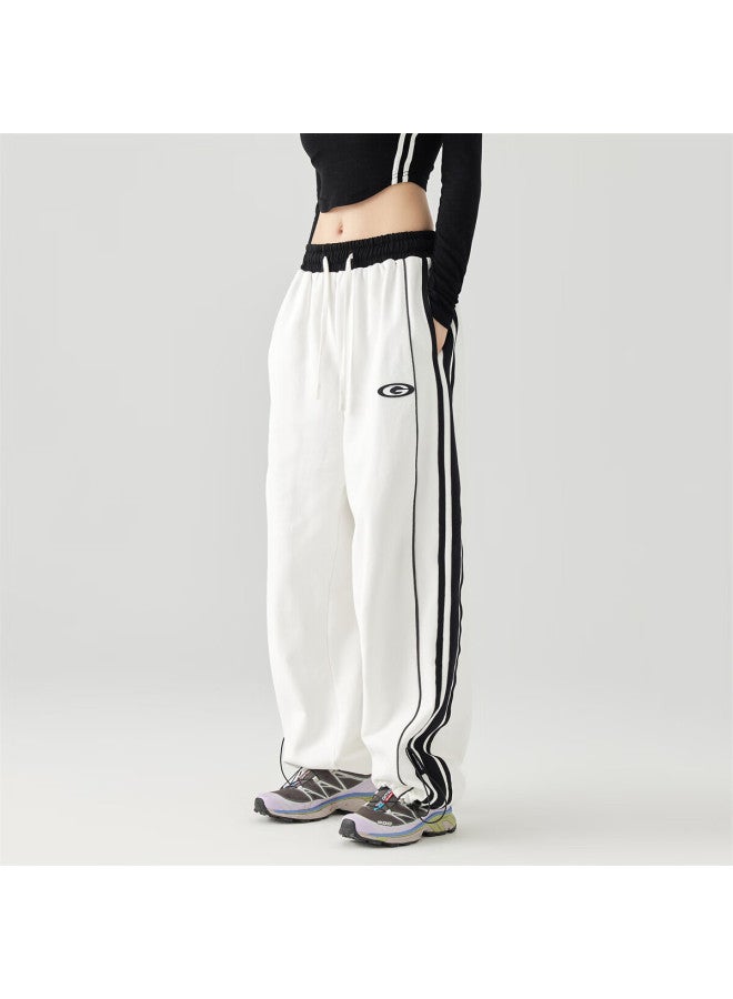 Golfcross Couple Side Color Collision Stripe Woven Belt Loose Straight-leg Floor-length Casual Pants White Xxxl - Image 3
