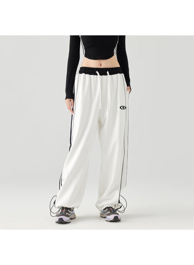 Golfcross Couple Side Color Collision Stripe Woven Belt Loose Straight-leg Floor-length Casual Pants White Xxxl - Image 1
