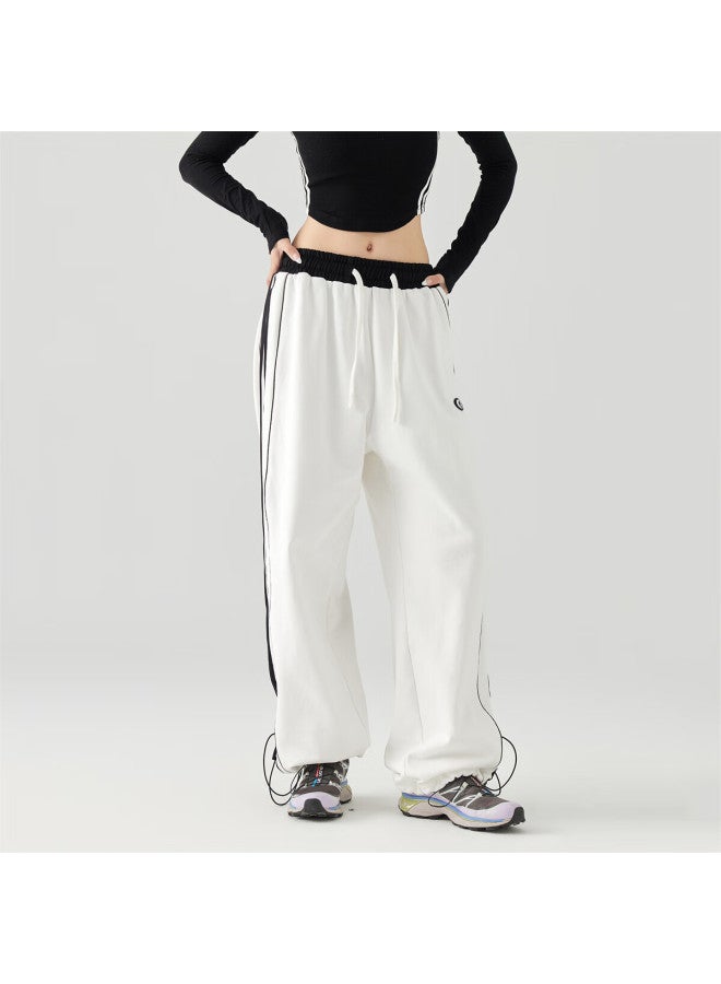 Golfcross Couple Side Color Collision Stripe Woven Belt Loose Straight-leg Floor-length Casual Pants White Xxxl - Image 2