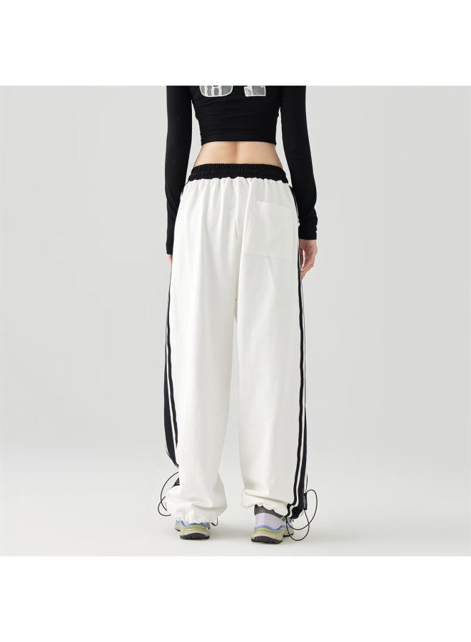 Golfcross Couple Side Color Collision Stripe Woven Belt Loose Straight-leg Floor-length Casual Pants White Xxxl - Image 4