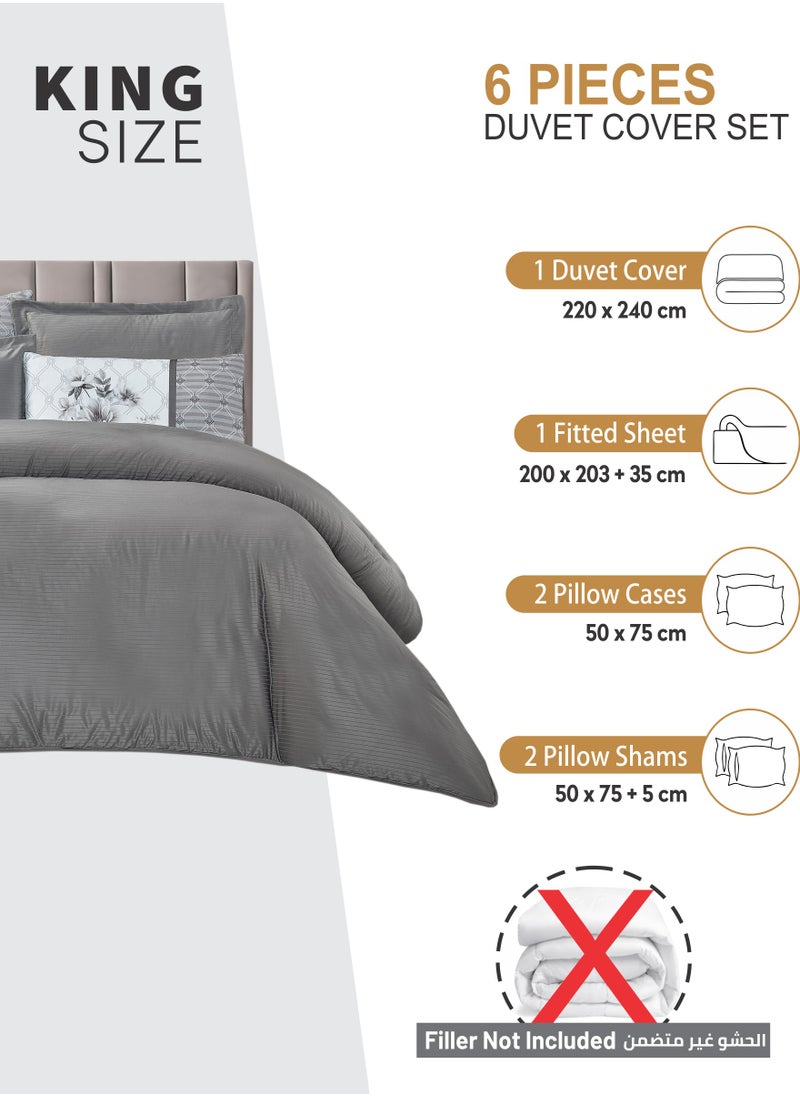 Donetella Duvet Set 6-Pcs King Size Striped Microfiber Bed Set With 1 Duvet Cover(220 X 240 CM) 1 Fitted Sheet 2 PillowSham And 2 Digital Printed Pillowcases(Without Filler),Dark Grey  - Image 2