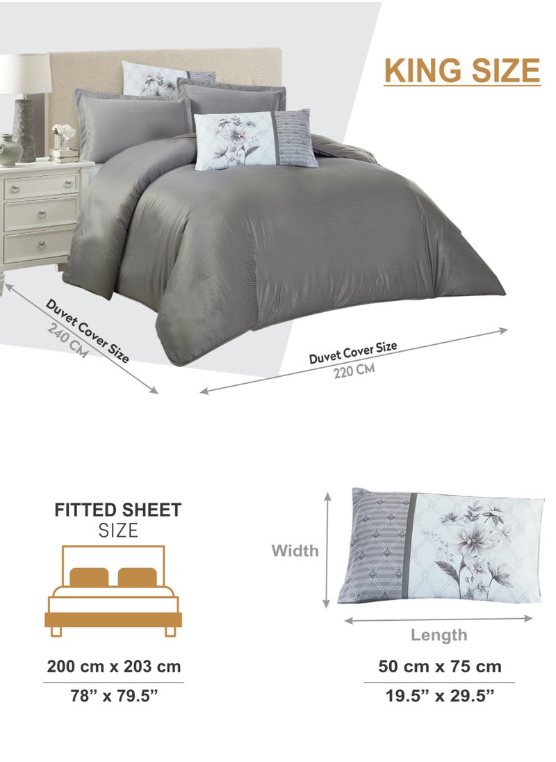 Donetella Duvet Set 6-Pcs King Size Striped Microfiber Bed Set With 1 Duvet Cover(220 X 240 CM) 1 Fitted Sheet 2 PillowSham And 2 Digital Printed Pillowcases(Without Filler),Dark Grey  - Image 3