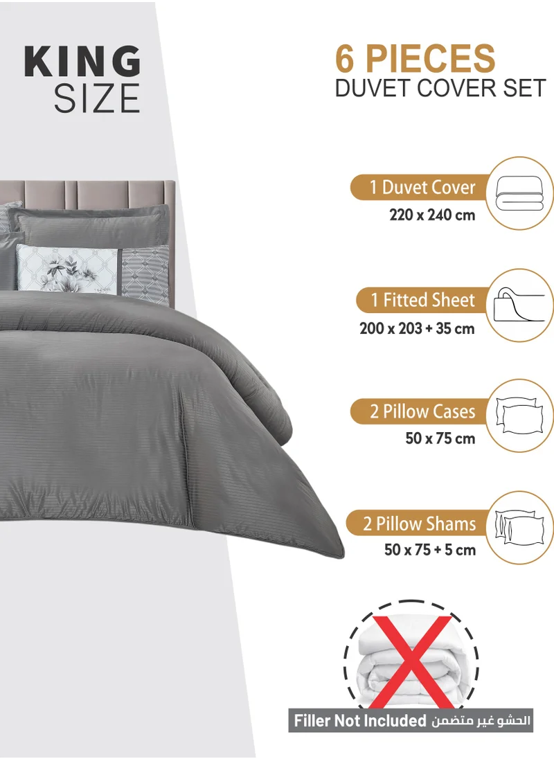 Donetella Duvet Set 6-Pcs King Size Striped Microfiber Bed Set With 1 Duvet Cover(220 X 240 CM) 1 Fitted Sheet 2 PillowSham And 2 Digital Printed Pillowcases(Without Filler),Dark Grey