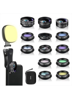 Phone Camera Lens Kit, 14 in 1 Lenses with Selfie Light for iPhone 14 13 12 11 Xs X Pro Samsung and Other Andriod Smartphone, Universal Clip on Wide Angle+Macro+ Fisheye Camera Lenses