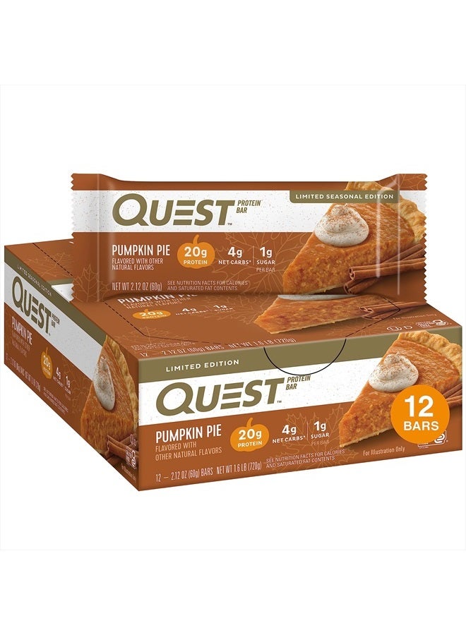 Quest Nutrition Pumpkin Pie Protein Bar, 20g Protein, 4g Net Carb, 1g Sugar, Gluten Free, 12 Count - Image 1