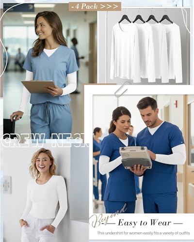 Xaatren 4 Pack Womens Underscrub Shirts Nurse Undershirts Long Sleeve Crewneck Slim Fit Tops Soft Stretchy Basic TeeWhite White White WhiteMedium - Image 3