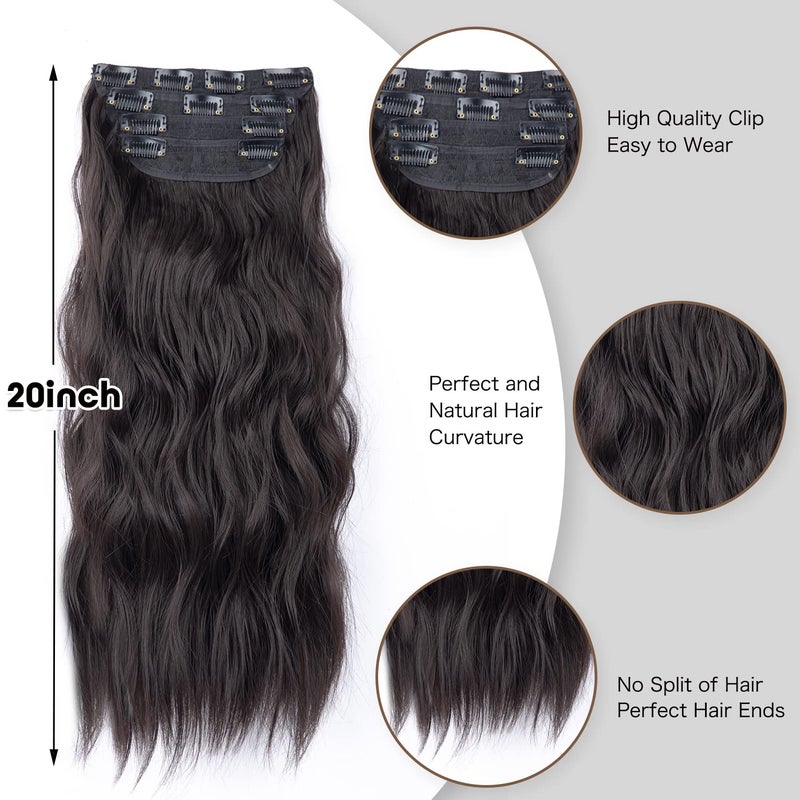 LEEONS Clip in Synthetic Hair Extensions Long Wavy 4PCS Thick Hairpieces Dark Brown Fiber Double Weft Natural Hair Extensions 20 Inch for Women (4pcs, 20Inch, 6A#) - Image 4