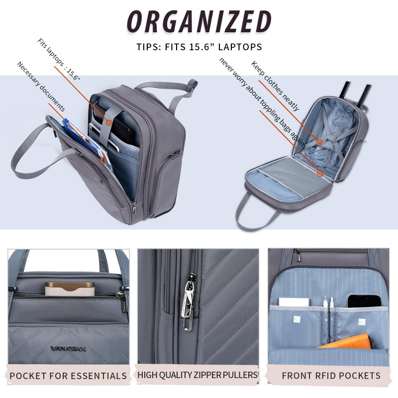 VANKEAN Carry On Underseat 16-inch Multi-functional Underseater Lightweight Overnight Suitcase with Wheels, Roller Case for Men Women Travel Business, Dark Grey - Image 4