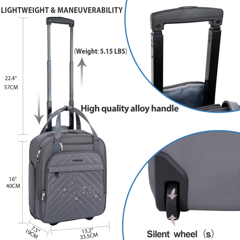 VANKEAN Carry On Underseat 16-inch Multi-functional Underseater Lightweight Overnight Suitcase with Wheels, Roller Case for Men Women Travel Business, Dark Grey - Image 3