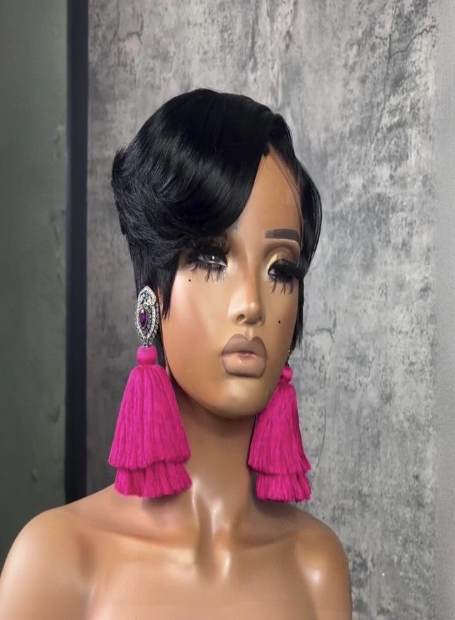 PangDongLai Pixie Cut Lace Front Human Hair Wigs 13x4x1 Lace Frontal Wigs Chic Elegent Short Straight Bob Wigs Pixie Cut Wigs For Black Women 150% Density Natural Black Color (natural black) - Image 5