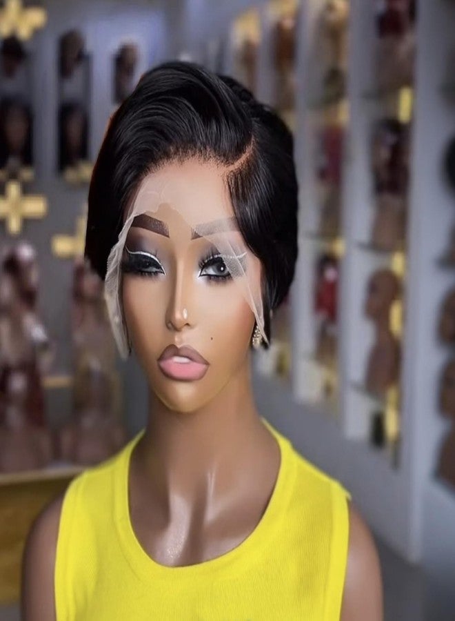 PangDongLai Pixie Cut Lace Front Human Hair Wigs 13x4x1 Lace Frontal Wigs Chic Elegent Short Straight Bob Wigs Pixie Cut Wigs For Black Women 150% Density Natural Black Color (natural black) - Image 2