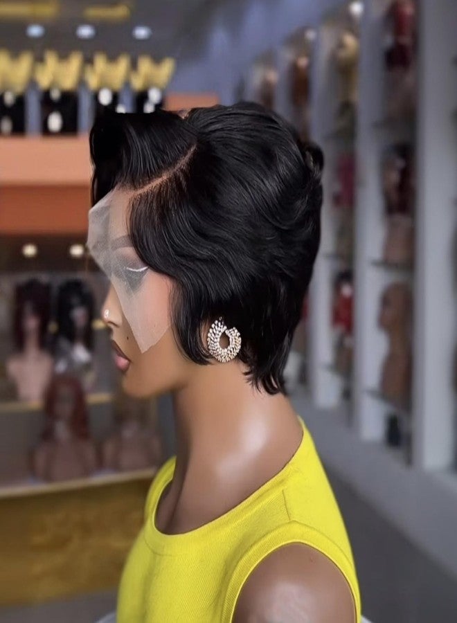 PangDongLai Pixie Cut Lace Front Human Hair Wigs 13x4x1 Lace Frontal Wigs Chic Elegent Short Straight Bob Wigs Pixie Cut Wigs For Black Women 150% Density Natural Black Color (natural black) - Image 3