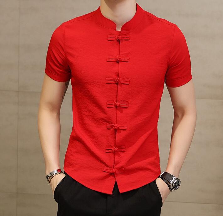 2021 Summer New Arrival Fashion Chinese Style Solid Color Short Sleeve Shirt with Buckle Korean Style Casual Slim Fit Linen Cardigan White  - Image 3