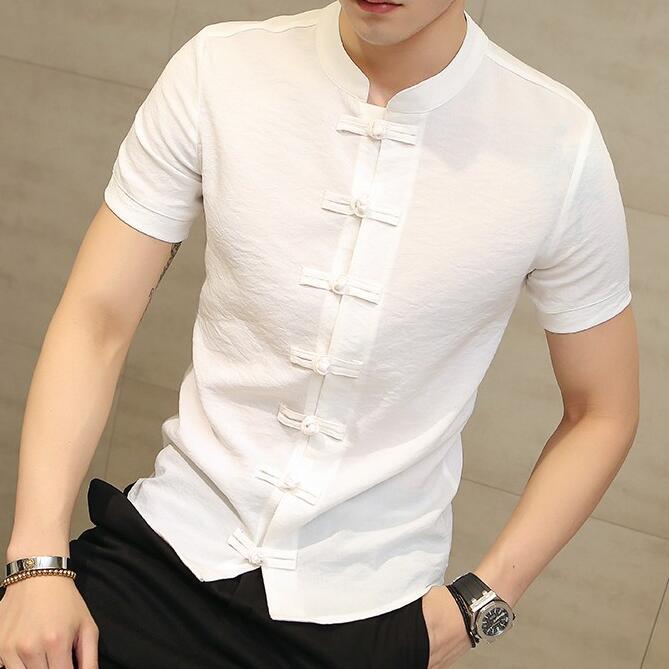 2021 Summer New Arrival Fashion Chinese Style Solid Color Short Sleeve Shirt with Buckle Korean Style Casual Slim Fit Linen Cardigan White  - Image 5