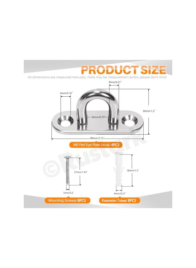 PROMASS promass 4Pcs M8 304 Stainless Steel Oval Pad Eye Plate Hook Assortment Kit Silver Pad Eyes Plate Marine Hardware Hook with Screw Heavy Duty Ceiling Hooks For Swing Hanging Outdoor and Indoor Activity  - Image 2