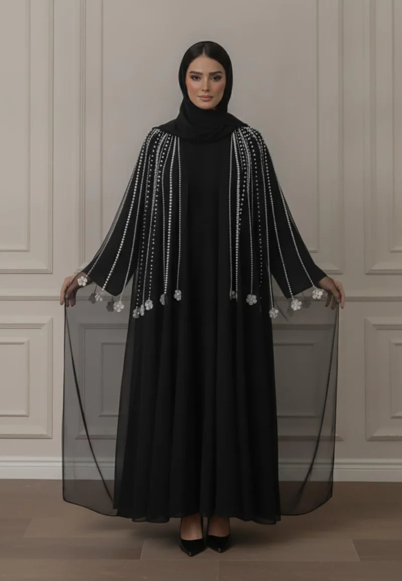نخبة Pearl Embellished Abaya | Net & Nida Fabric-917