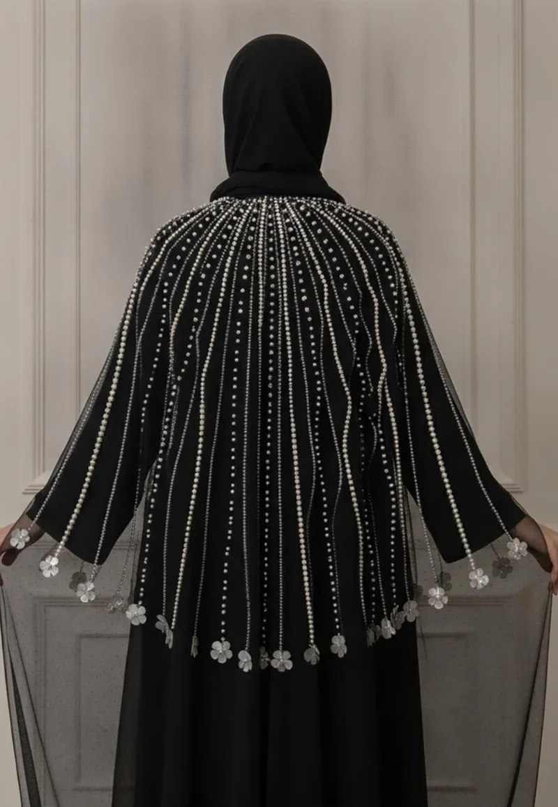 نخبة Pearl Embellished Abaya | Net & Nida Fabric-917