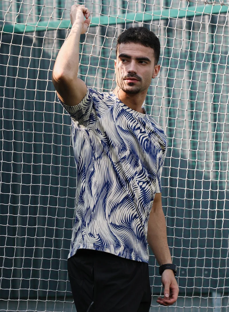 CAHOOT  Men's Indigo Blue & Cream White Abstract-Stroke Activewear T-Shirt for Men | Best Price UAE