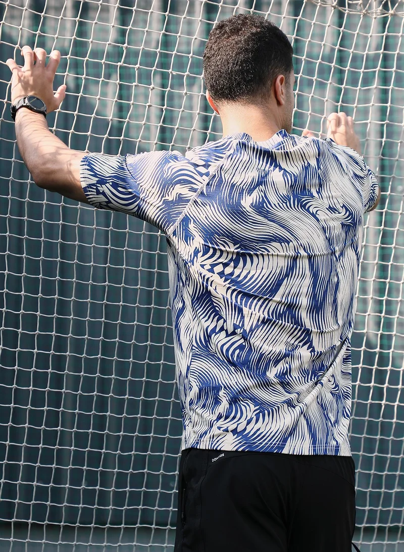 CAHOOT  Men's Indigo Blue & Cream White Abstract-Stroke Activewear T-Shirt for Men | Best Price UAE