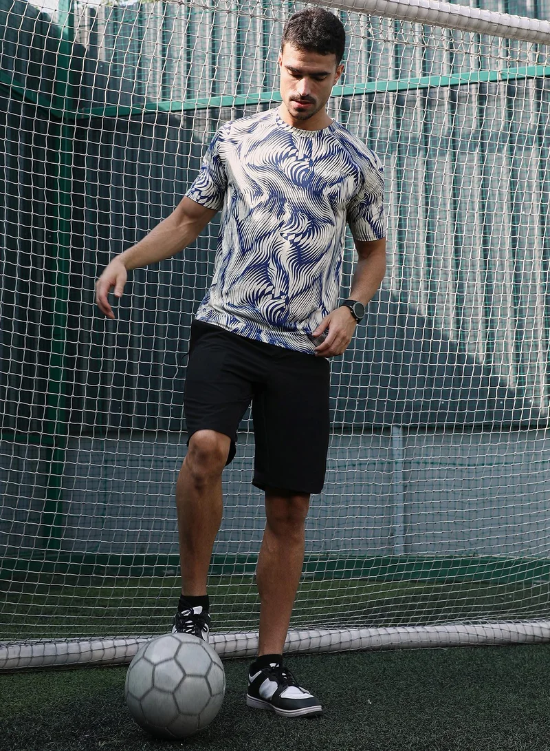 CAHOOT  Men's Indigo Blue & Cream White Abstract-Stroke Activewear T-Shirt for Men | Best Price UAE