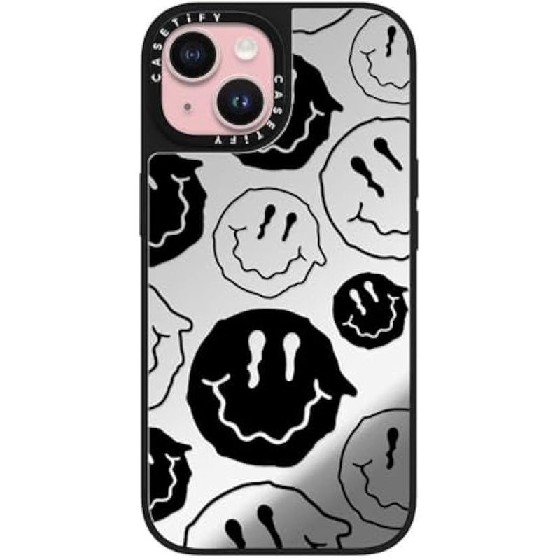 Casetify Mirror iPhone 15 Case 【Reflective / 4.9ft Drop Protection/Compatible with Magsafe】 - Black Smile - Silver on Black - Image 1