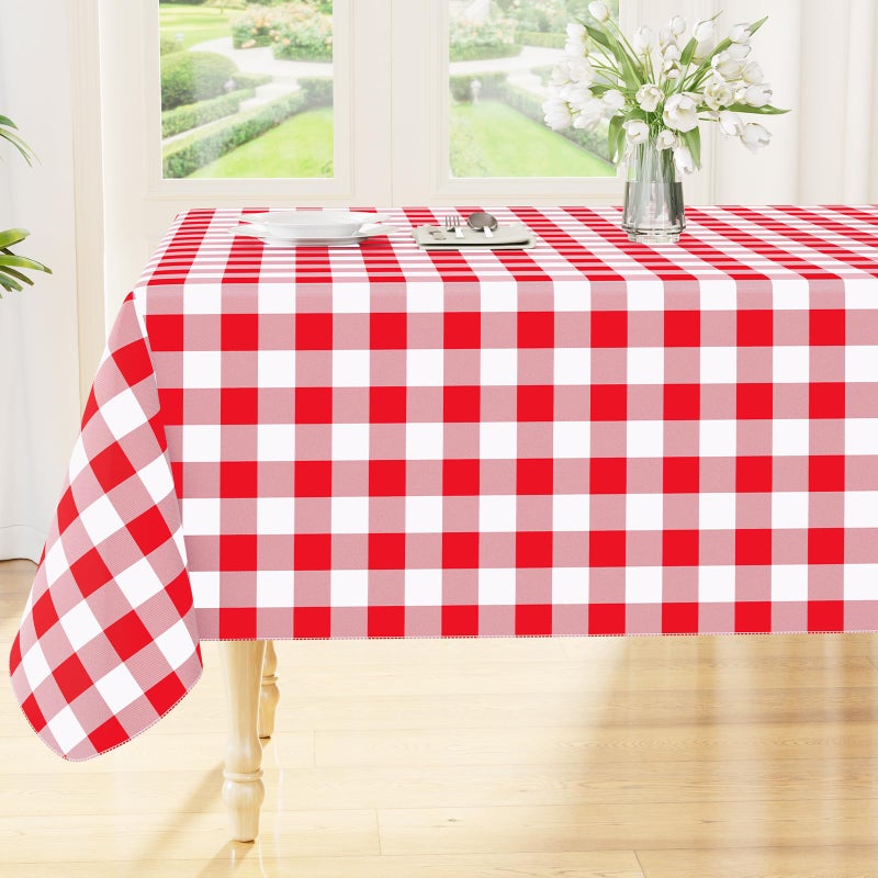 Smiry Rectangle Table Cloth, Waterproof Vinyl Tablecloths with Flannel Backing, Wipeable Buffalo Plaid Table Cover for Valentines & Mothers Day Dining Decorations and Outdoor (Red & White, 60"x84") - Image 1