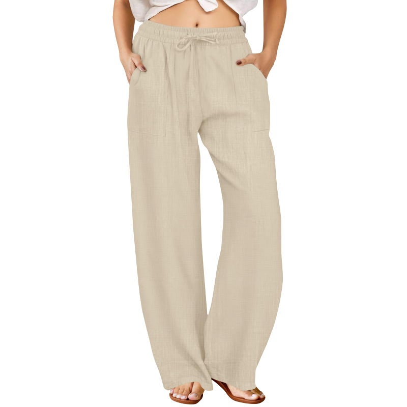 FireSwan Womens Palazzo Pants Casual Drawstring Flowy Pants Wide Leg Summer Beach Linen Trousers with Pockets Khaki - Image 1