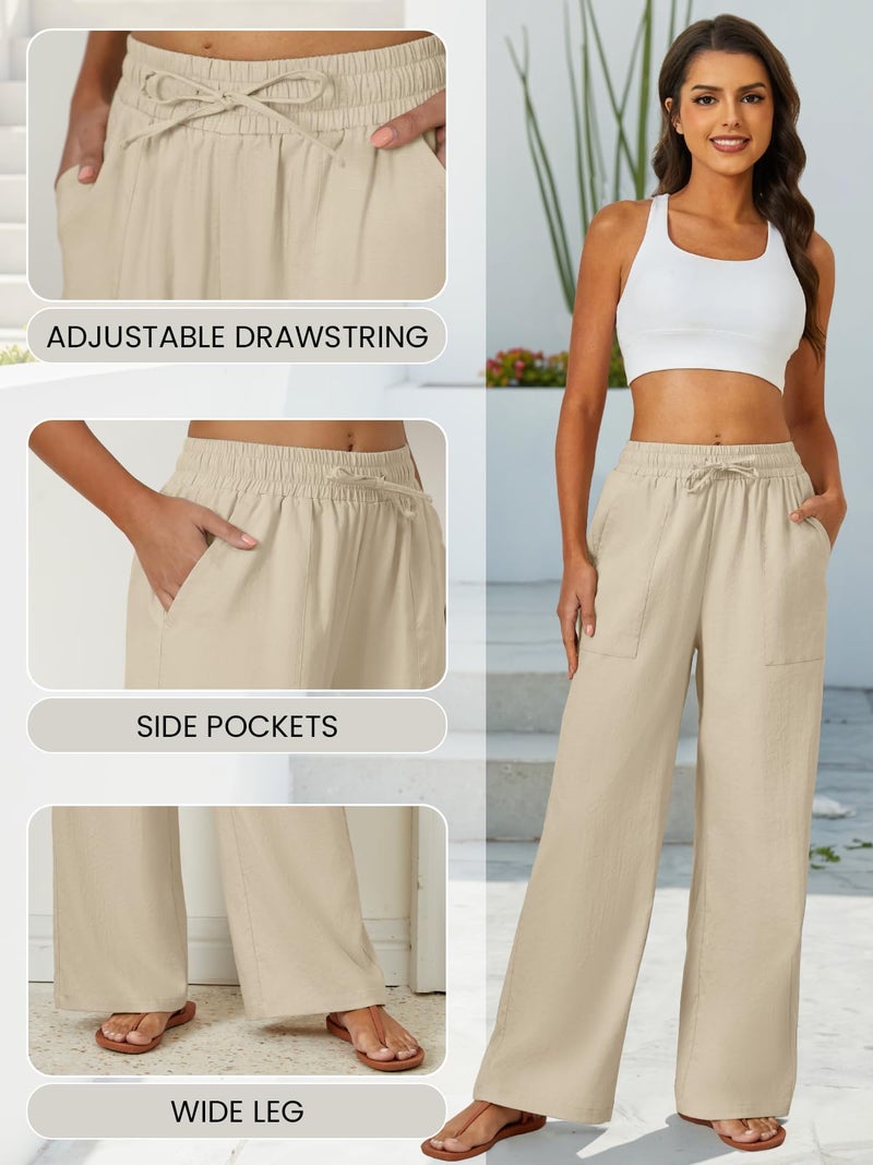 FireSwan Womens Palazzo Pants Casual Drawstring Flowy Pants Wide Leg Summer Beach Linen Trousers with Pockets Khaki - Image 5