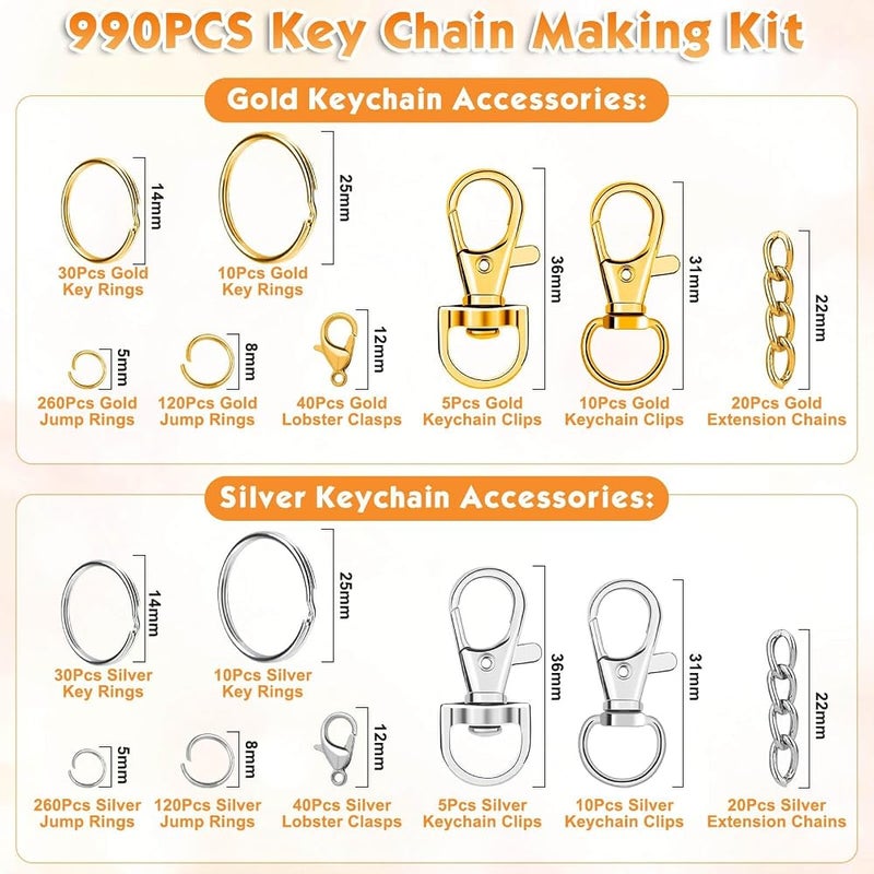 KASTWAVE 990PCS Keychain Making Kit, Keychain Craft Supplies Including Key Chain Hooks, Lobster Clasps, Key Rings and Jump Rings, for Crafts, DIY Projects & Purse Making Supplies - Image 3