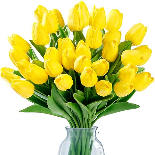 Sggvecsy 30 Pcs Fake Tulips Artificial Flowers Real Touch PU Faux Flowers Tulip Stems for Wedding Spring Bouquet Floral Arrangement Home Party Office Decorations for Mothers Day Yellow - Image 1
