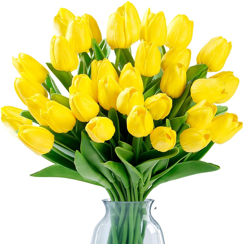 Sggvecsy 30 Pcs Fake Tulips Artificial Flowers Real Touch PU Faux Flowers Tulip Stems for Wedding Spring Bouquet Floral Arrangement Home Party Office Decorations for Mothers Day Yellow - Image 2
