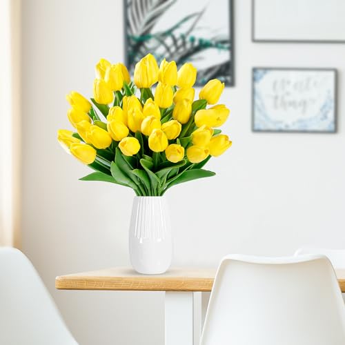Sggvecsy 30 Pcs Fake Tulips Artificial Flowers Real Touch PU Faux Flowers Tulip Stems for Wedding Spring Bouquet Floral Arrangement Home Party Office Decorations for Mothers Day Yellow - Image 3