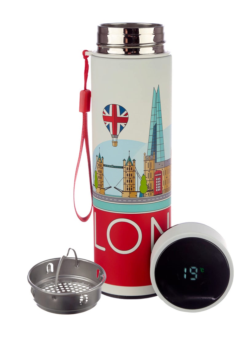 Puckator London Icons  Stainless Steel Water Bottle with Led Temperature Display  Cold for 24h and Hot for 6h  Metal Water Bottles with Panorama  Modern Thermos Flask  Bpa Free  450 ml