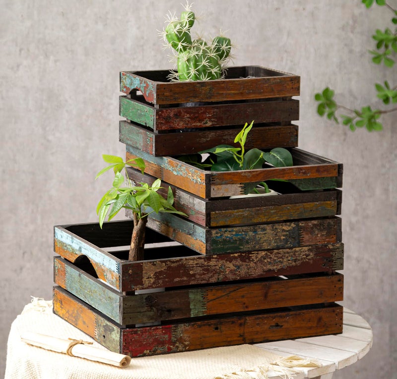 TIMRIS Set of 3 Rustic Distressed Wood Nesting Crates Farmhouse Decorative Wooden Storage Boxes Large Vintage Reclaimed Wood Baskets for Display Random