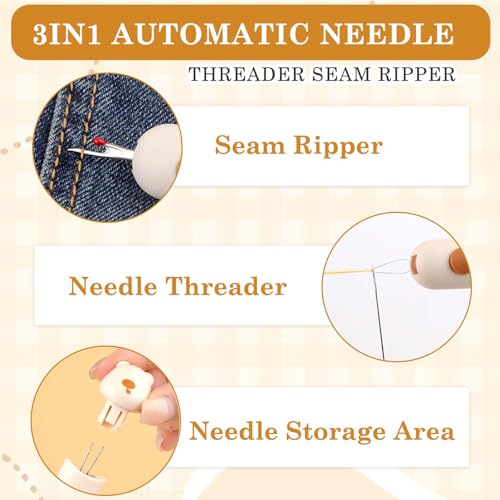 TecoKart® 2 in 1 Needle Threader Tool with Seam Ripper, Thread Inserter, Stitch Opener 3 in 1 Multifunction, Threading Device for Handcraft - Beige - Image 3
