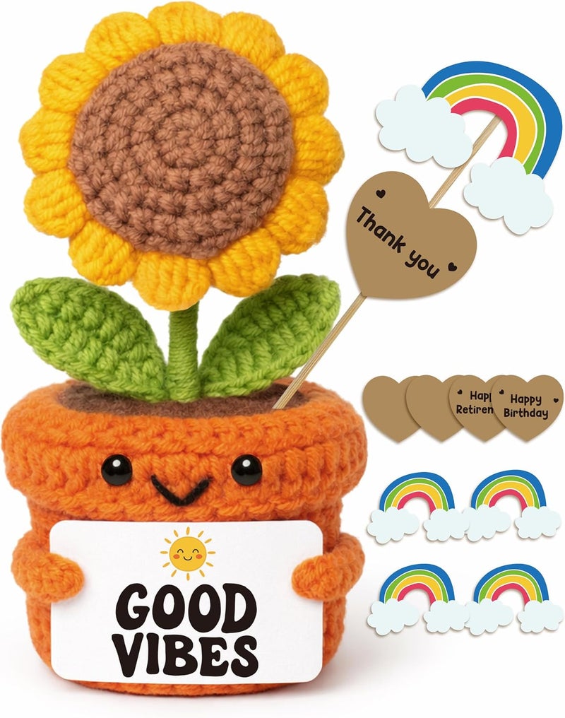 Frabaca Christmas Stocking Stuffer Crochet Sunflower Desk Gift – Good Vibes Affirmation Plush – Positive Energy Decor for Coworker, Teacher, Friend, Employee, Motivational Pick-Me-Up for Women, Men - Image 1