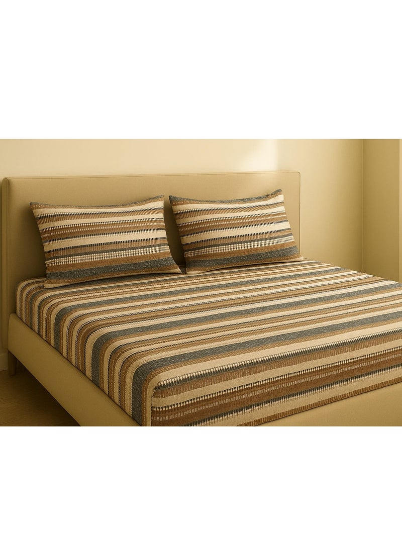 Yarlin-Bed Set (Fitted Bedsheet for 160 cm beds and 2 Small Pillowcases (Brown Lines) Design - Image 1
