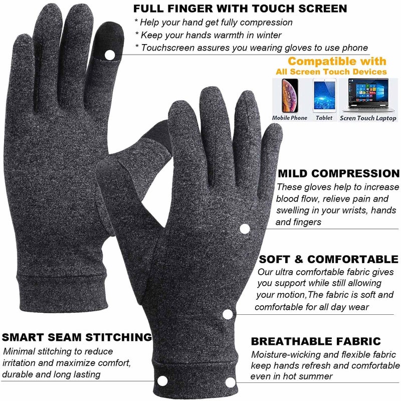Tiny Chou 2 Pairs Full Finger Arthritis Gloves,Compression Gloves for Women Men, Hand Gloves Support and Warmth for Hands, Finger Joint, Relieve Pain from Rheumatoid, Osteoarthritis, RSI (Medium (2 Pairs)) - Image 2