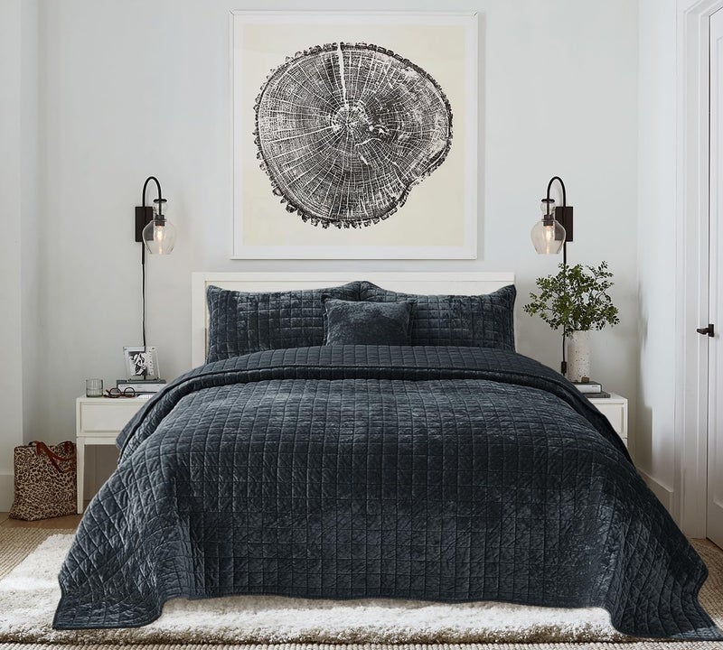 COCOPLOCEUS Quilt Set Oversized King Size 120x128 Luxurious Velvet Bedding Sets with 2 Pillow Shams 20x36 3 Pieces Ultra Soft Quilted Bedspread Coverlet Comforter for All Season,Grey Blue - Image 5