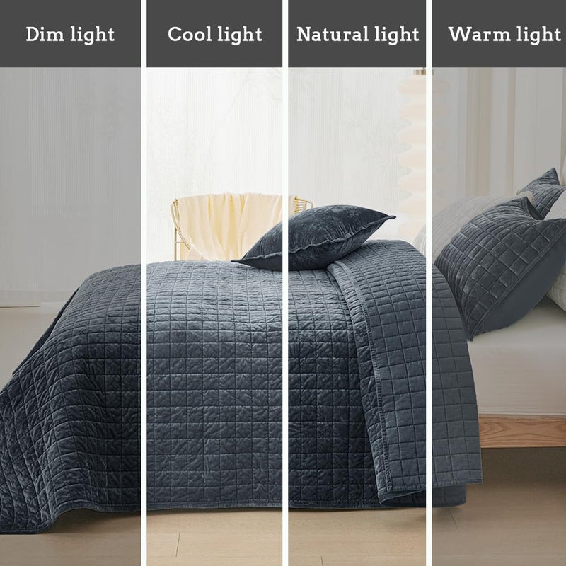 COCOPLOCEUS Quilt Set Oversized King Size 120x128 Luxurious Velvet Bedding Sets with 2 Pillow Shams 20x36 3 Pieces Ultra Soft Quilted Bedspread Coverlet Comforter for All Season,Grey Blue - Image 2